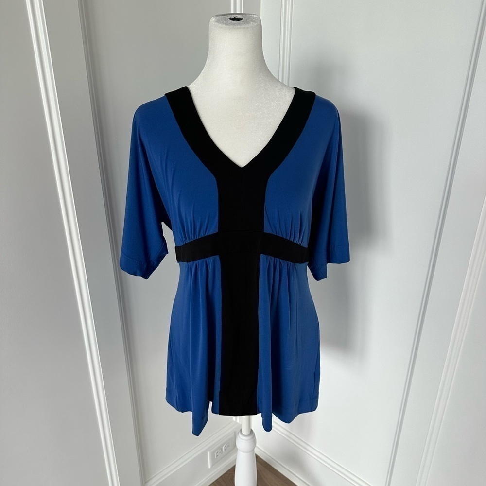 Nicole Miller Womens Blue Stretch Loose Fit V Neck Short Sleeve Blouse Sz Large